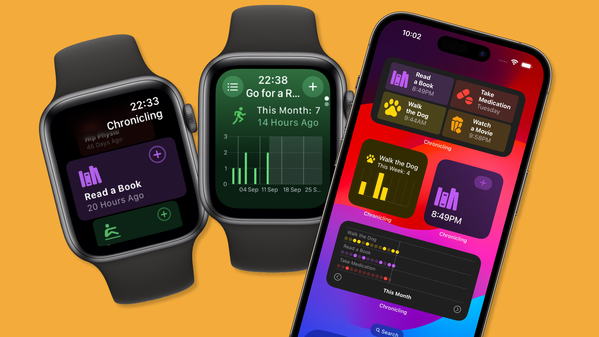 Two watchOS screenshots and one iPhone highlighting new widgets