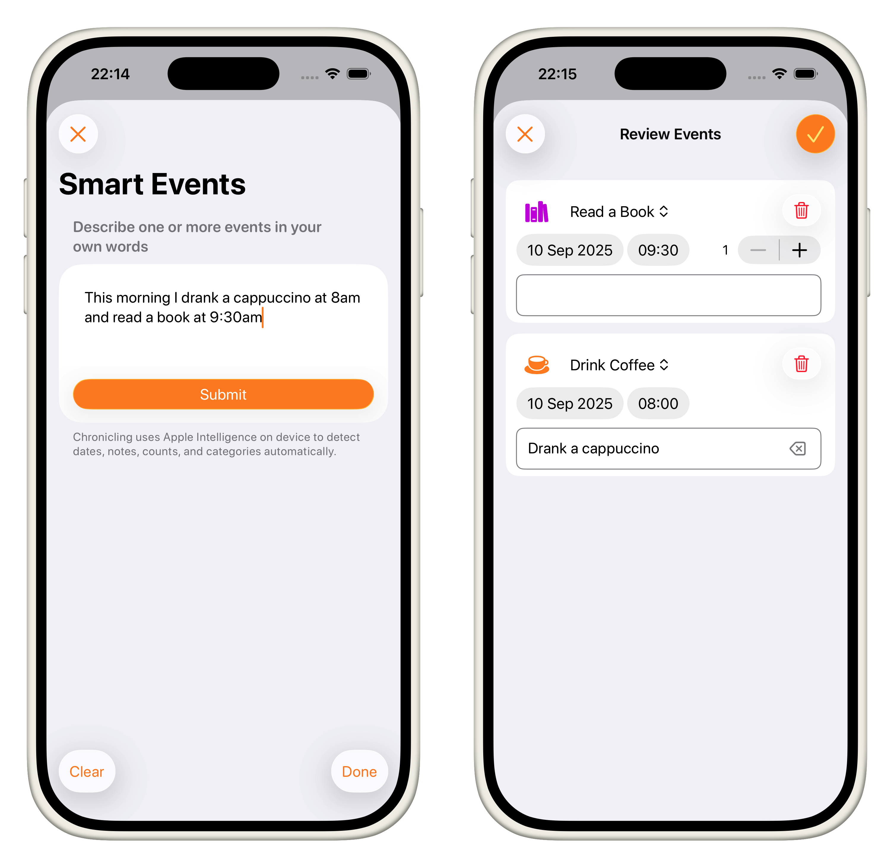 Screenshot showing Smart Events feature in Chronicling app using Apple Intelligence to convert natural language into structured tracking events