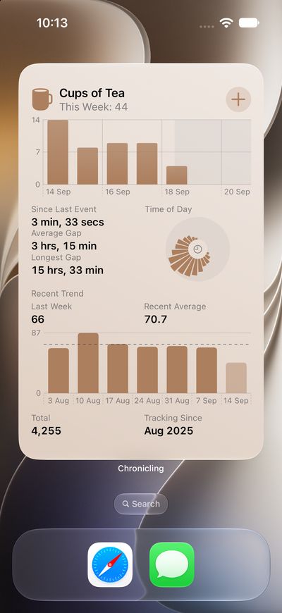 Chronicling iPhone screenshot showing a large Cups of Tea home screen widget with a weekly bar chart, time of day dial and recent trend