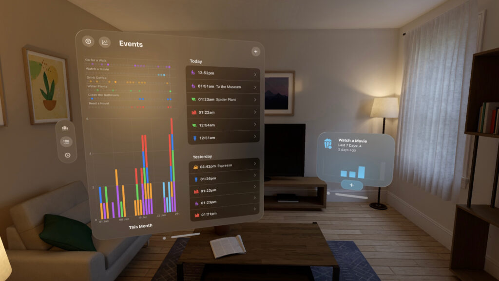 Screenshot from the Vision Pro simulator showing the main Chronicling window with stacked bar chart and a "Watch a Movie" pop out in a Living Room.