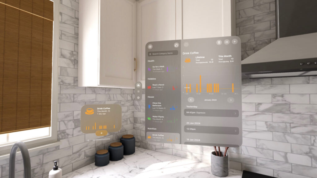 Screenshot from the Vision Pro simulator showing the main Chronicling window and a "Drink Coffee" pop out in front of a kitchen